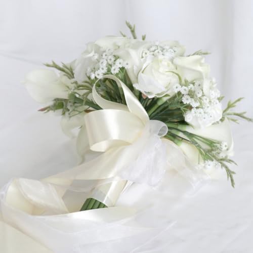 10.2 Inch Cascading Bride Bouquet for Wedding Cascade Artificial White Rose and Calla Lily Flower Waterfall Bridal Wedding Bouquet Rustic Bridal Shower - color: White Rose, Calla Lily & Gypsophila