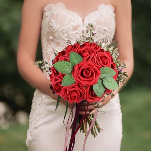 AmyHomie Artificial Flowers Red Rose 50pcs Real Looking Fake Roses w/Stem for DIY Wedding Bouquets Centerpieces Arrangements Party Baby Shower Valentines Day Christmas Tree Decorations - color: Red