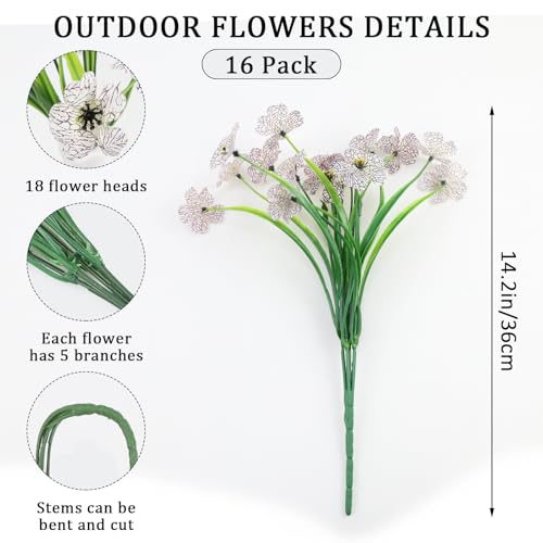 16 Bundles Artificial Flowers for Outdoors Fake White Flowers Faux Plants for Indoor Outside Garden Porch Window Box Hanging Planters Home Farmhouse - color: White, size: 15inches-16pcs