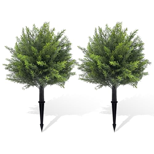 Artificial Topiary Cedar Tree Set of 2 Fuax Cypress Trees 26'' Artifcial Boxwood Bushes with Ground Spike UV Protection Fake Shrubs for Front Porch Balnocy Garden Decoration