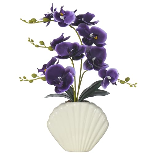 Artificial Phalaenopsis Orchid Plant in Seashell Pot, 16" Fake Orchid Flowers, Silk Faux Orchids for Home Decor, Office, Table Centerpiece, Real Touch Lifelike Indoor House Plant (Deep Purple) - color: Deep Purple