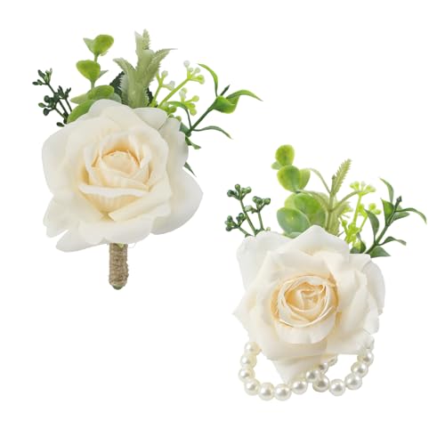 Cream Rose Wrist Corsage and Boutonniere Set for Dance Party Wedding | Pearls Wristlet Corsage for Bride Bridesmaids, Boutonniere for Groom Best Man Wedding Flower Accessories Prom Ceremony Party - color: Champagne-c 1 Boutonniere&1 Wrist Corsage