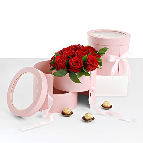 UNIKPACKAGING Premium Quality Round Flower Box, 2 TIER Gift Box with Lid, Size 7.8 dia. x 7 inch for Luxury Style Flower Arrangements (Pink) - color: Pink