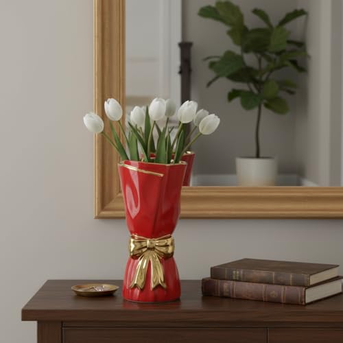 Bow Red Vase for Flower, Modern Ceramic Vase for Pampas Grass, 10 Inch Decorative Vases Home Decor, Festive, Bathroom, Centerpiece for Holiday Table and Party Decor - color: Red, size: 10 inch