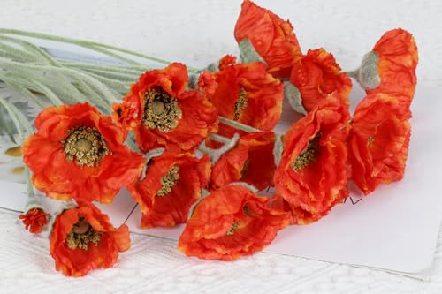 6PCS Orange Poppy Flowers Artificial 30 Heads 26.77in Faux Poppy Flowers Silk Flowers with Long Flocking Stems Flowers for Wedding Party Home Office Decoration(Orange) - color: Orange Red