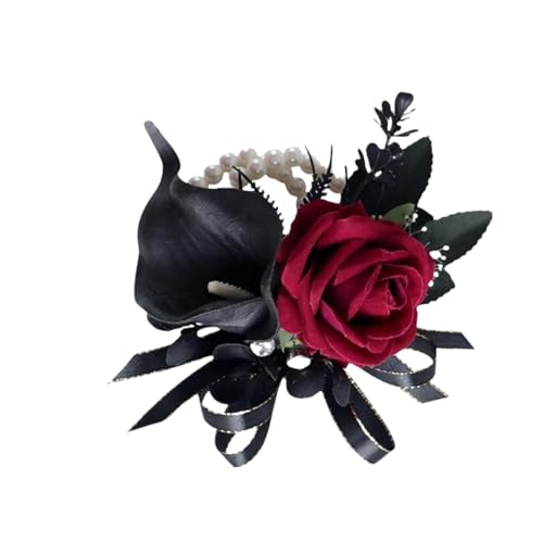 Black Red Wrist Corsage for Wedding Party Bridal Shower Homecoming Ceremony Artificial Calla Lily Rose Bracelets Pearl Wristlet Corsage for Women Girl Mother Bride Bridesmaid - color: Black Burgundy Corsage