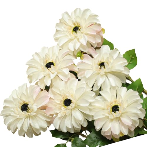 Artificial Chrysanthemums, Daisy Silk Flowers 6 Stems, Aster & Zinnia-Like Large Blooms in Gradient Colors, 24.8" Long Faux Marguerite for Indoor Outdoor Home Decor (White/Pink Trace) - color: White /Pink Trace