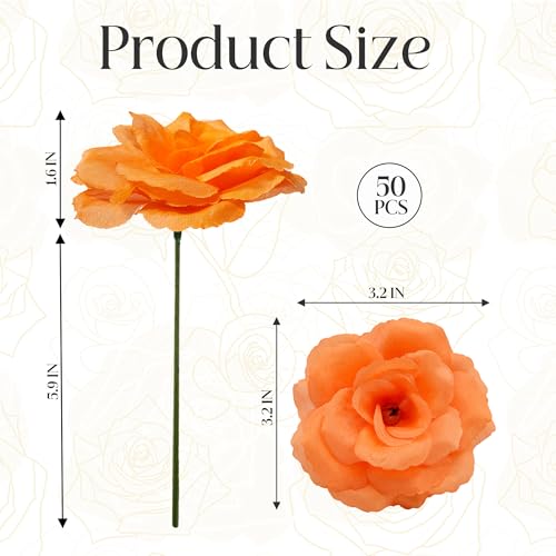 50 Pcs Rose Flower Head, Artificial Flowers Bulk for DIY Crafts, 3in Fake Rose Silk Flower Head wit Stem, Faux Flowers for Decoration, Wedding Home Party Decor Garland Decor (50, Deep Orange) - color: Deep Orange