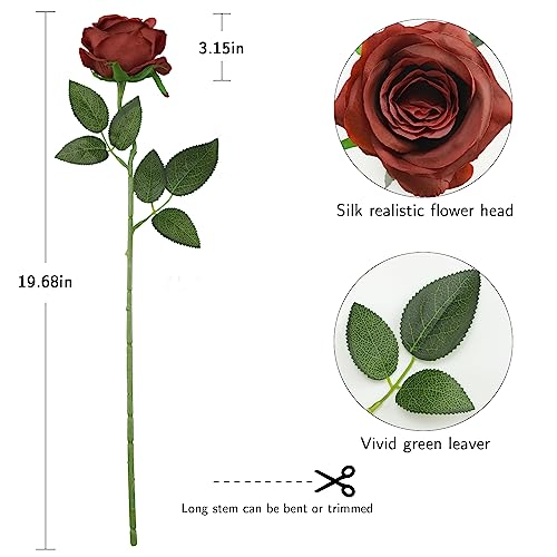 Tifuly Roses Artificial Flowers - 12 Pcs Long Stem Silk Roses, Realistic Fake Roses with Stems for Bridal Bouquets, Home and Office DIY Decor（Burnt Orange） - color: Burnt Orange