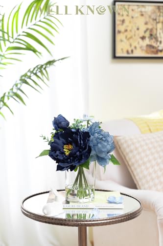 WELL KNOWN Artificial Flowers in Glass Vase with Fake Water, Silk Peony Flower Bouquet for Home Dinning Tea Table, Office Desktop, Hotel, Wedding, Party, Lavatory Decor & Gift (Navy Blue & Light Blue) - color: Navy Blue & Light Blue