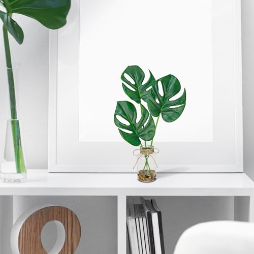 2 Pack Artificial Monstera Leaves in Glass Vase, 14" Fake Plants with Faux Water Stones, Small Faux Plants for Kitchen Bathroom Shelf Coffee Table Decor - color: Pure Green