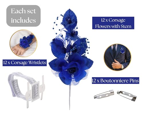Set of 12 Artificial Silk Organza Craft Rose Flower, 12 Corsage Wristlet, 12 Pin Back DIY Boutonnieres for Wedding, Bridesmaids, Groomsmen, Quinceanera, Prom, Sweet 16 (Royal Blue) - color: Royal Blue