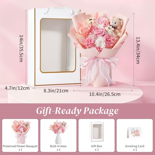 Lewondr Preserved Flowers Bouquet with Bear, 3 Real Forever Flowers for Delivery, Long-Lasting Pink Eteranl Roses Bouquet, Anniversary Birthday Gifts for Girlfriend Best Friend Women Mom Her Wife - color: Dusty Pink