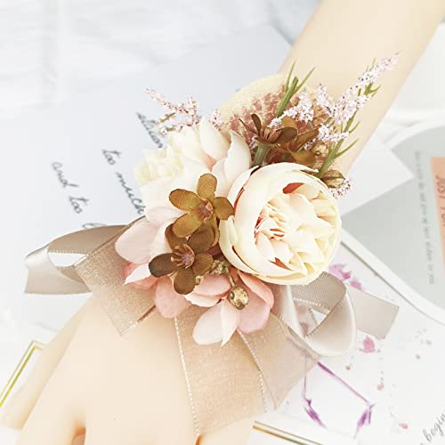 MAFELOE Wrist Corsage & Boutonniere Set, Creamy+Brown+Pink, 2 Pieces | Artificial Flowers, For Groom Bride Groomsmen Bridesmaids, Wedding Party Prom Suit Accessories
