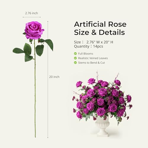 Auihiay 14PCS Magenta Artificial Roses, Realistic Silk Fake Roses Flowers with Long Stem for Valentine's Day Gift, Home Party Table Centerpiece & Wedding Cake Decorations - color: Magenta