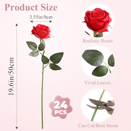 Nubry 24pcs Artificial Red Roses, Fake Silk Roses Flower with Long Stems, Realistic Flowers for Bridal Wedding Party Table Centerpiece Home Decor - color: Red