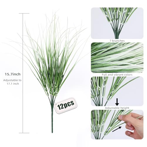 RECUTMS 12Pcs Artificial Grasses for Outdoor Planters Outdoor Greenery White Plastic House Plants Faux Grass for Planters Wedding Indoor Outside Garden Porch Home Office Window Box Decor(White) - color: White Grass