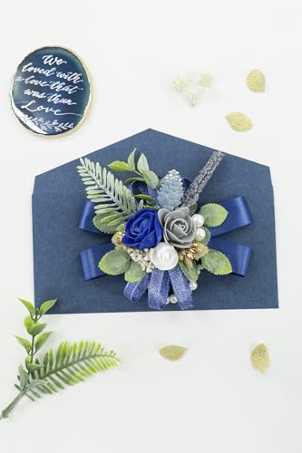 Royal Blue Corsage and Boutonniere Set Wrist Corsage Wristlet for Prom Groom Flower Boutonniere for Men Wedding Party Homecoming Accessories Suit - color: Royal Blue