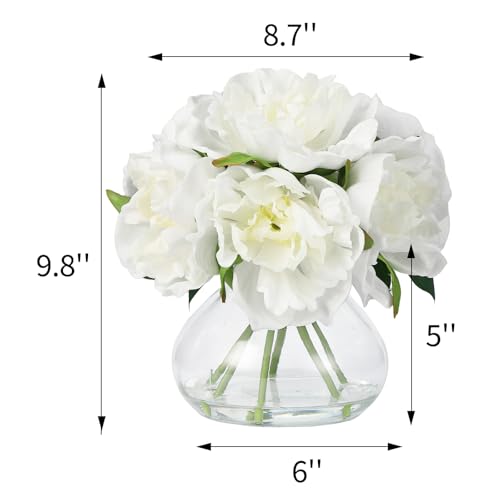 Artificial Peonies with Glass Vase, Faux Peony Silk Flower Arrangement with Faux Water, for Bathroom, Table, Shelf, and Home Decor Centerpiece, Elegant Spring Decor (White) - color: White, size: Peony, PU