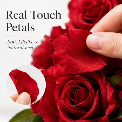 6 Stems Real Touch Artificial Roses, 22.5in Long Stem Faux Silk Rose Bouquet with 4in Blooms and 3in Buds, Red Fake Roses for Wedding Bouquets, Centerpieces, Vase and Home Decor - color: Red