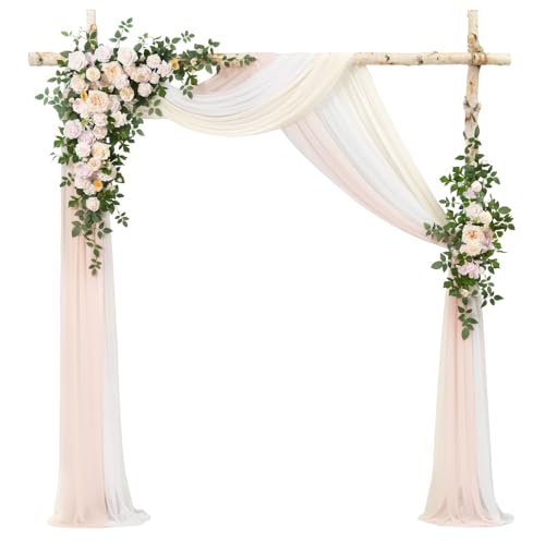 Ling's moment Deluxe Spring Artificial Wedding Arch Flowers with Drapes Kit-Pack of 5, 2pcs Flower Arrangements 3pcs Hanging Sheer Drapes Cream Ceremony Arbor Reception Backdrop Rose Floral Decoration - color: Pk-cream