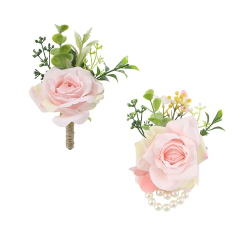 Pink Rose Wrist Corsage and Boutonniere Set for Dance Party Wedding | Artificial Silk Rose Women Pearls Corsage with Men Boutonniere for Wedding Accessories Prom Ceremony Party - color: Pink 1 Boutonniere&1 Wrist Corsage