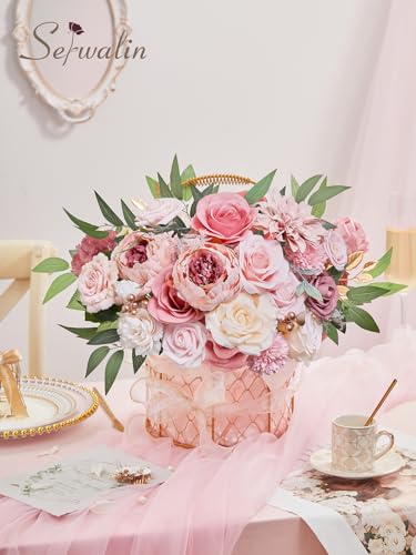 Serwalin Pink Artificial Flowers Peonies, Fake Silk Flowers Wedding Bouquet Bridal Centerpieces Flowers for Decoration, Cake Flower Home Decor - color: Dreamy Peonies, size: Square
