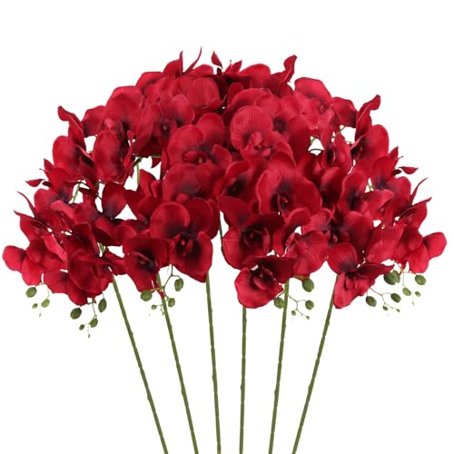 Red Orchids Artificial Flowers 6PCS Silk Orchids 35" Faux Orchid Stems Artificial Orchids That Look Real for Wedding Home Table Centerpieces Decor(Red) - color: Red