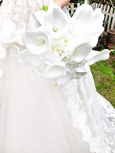 YIFUwedding Bridal Wedding Rose Calla Lily Bouquet Party Decoration Artificial Flowers Bridal Bouquet 9 inch Wedding Bouquet (White)