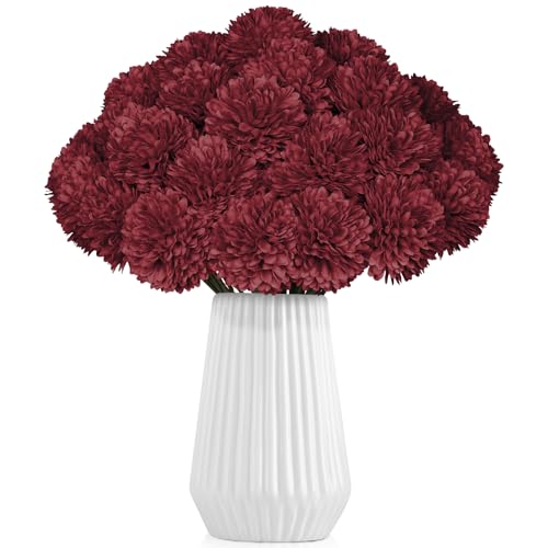 36 Pcs Burgundy Artificial Chrysanthemums Flowers Red Fake Mums Silk Ball Flowers for Fall Home Decor Wedding Table Centerpiece Christmas Floral Arrangements (Burgundy) - color: Burgundy
