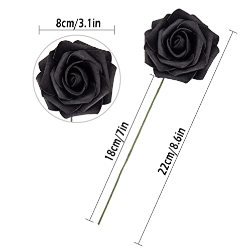 25pcs Artificial Flower Foam Rose Real Touch Roses Flower Heads with Stem for DIY Wedding Bouquets Centerpieces Arrangements Party Baby Shower Home Decor (Black) - color: Black