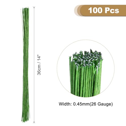 MECCANIXITY 100pcs Green Floral Wire Stems Bendable 0.45mm 26 Gauge Florist Wire for Artificial Flower Making Crafts Wreaths Supplies - color: Green, size: 0.45mm