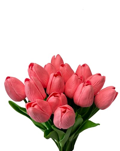 15 Pcs Artificial Tulip PU Fake Flower Realistic Touch Spring Summer Fake Flowers for Home Decor Outdoor Garden Parties and Wedding - color: Deep Pink