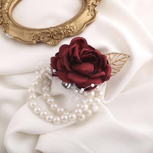 Bridesmaid Wrist Corsage Bridal Silk Wrist Flower with Faux Pearl Bead Stretch Bracelet Wristband Gold Leaf for Wedding Prom Hand Flowers Decor - color: Wine Red, size: Pack of 2