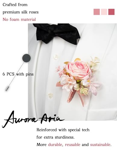 AuroraAria Pink Boutonniere for Men,Set of 6,Groom Boutonniere for Wedding,Anniversary,Homecoming,Formal Dinner Party,Wedding Decor,Artificial Pink Rose - color: Pink