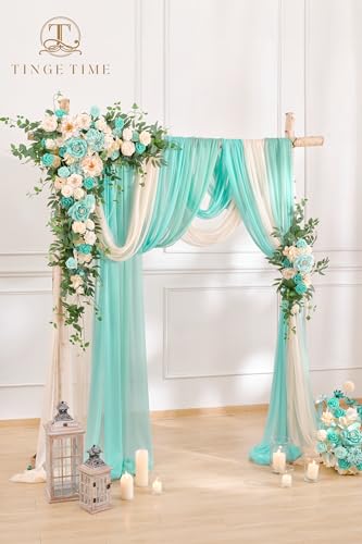 TINGE TIME Wedding Arch Flowers Kit - Deluxe 5pcs Artificial Floral Swag with 3 Sheer Drapes, Realistic Silk Flower Arrangements for Wedding Ceremony Arbor Backdrop Reception Party Home Decor - color: Teal Green & Champagne