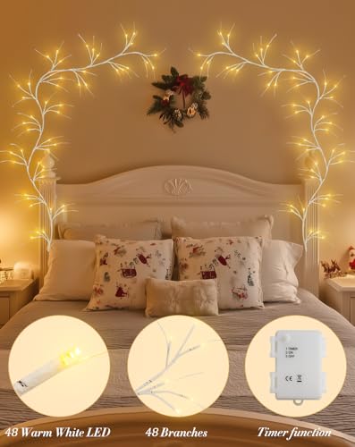 JMEXSUSS 6FT Birch Garland Lighted, 48 LED Lighted Birch Garland Battery Operated, Christmas Garland Warm White Twig Lights for Mantle Fireplace Home Table Room Wall Christmas Decor - color: White Birch