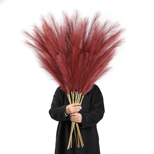 Wertuirk Burgundy Pampas Grass Decor, 8 Pcs 45 Inch Tall Large Faux Pompous Grass, Long Artificial Flowers for Floor Vases, Wedding Centerpieces, Baby Shower and Home Decoration (Burgundy) - color: Burgundy