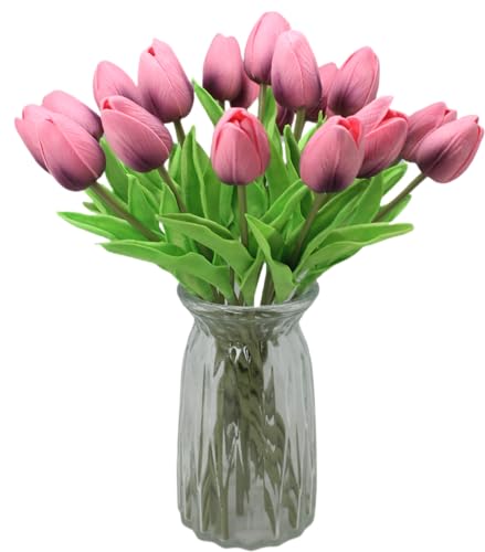 Artificial Flowers 10 Heads Mini Real Touch Artificial Tulip for Home Wedding Party Centerpiece Decoration (Dark Berry Pink) - color: Dark Berry Pink