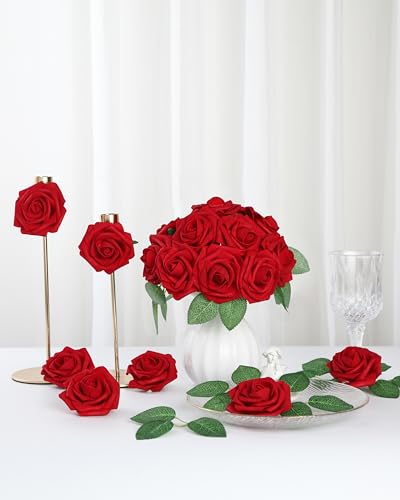 DuHouse 100Pcs Artificial Roses Flowers Fake Roses with Stems Real Touch Foam Flowers for DIY Wedding Bouquet Party Centerpiece Floral Arrangement Party Home Decor(Dark Red) - color: Dark Red, size: 100pcs