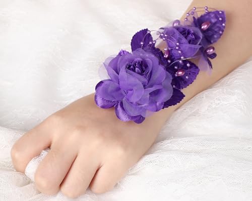 Set of 12 Artificial Silk Organza Craft Rose Flower, 12 Corsage Wristlet, 12 Pin Back DIY Boutonnieres for Wedding, Bridesmaids, Groomsmen, Quinceanera, Prom, Sweet 16 (Purple) - color: Purple