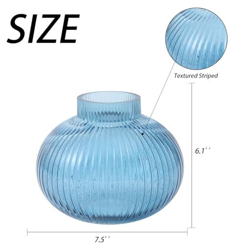 Blue Glass Vase for Tulips, Ribbed Glass Vase for Flowers, Round Flower Vases, Small Short Vases for Living Room, Office, Coffee Table, Shelf, Wedding, 6 Inches - color: Blue, size: Round 6 Inches