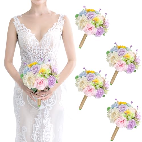 Wildflower Bridesmaid Bouquets 4 Pcs - Pre-Made Spring Artificial Flower Bouquets for Vintage Wedding Bridal Shower Graduations Anniversary Marriage Proposal -7 Inch - color: Wildflower, size: 4pcs Bouquets