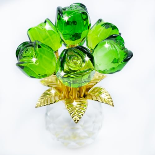 TWINKLING Crystal Roses Figurine with Round Vase, Glass Rose Crystal Flowers Bouquet, Birthday, Anniversary,Wedding, Home Décor,Gold Leaf (Green) - color: Green(gold Leaf)