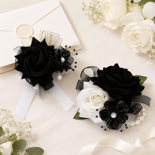 Wrist Corsage and Boutonniere Set, Artificial Rose Corsage Wristlet and Boutonniere for Wedding Prom Party (Black-002) - color: Black-002