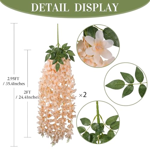 2PCS Champagne Wisteria Hanging Flowers, 2.95ft Wisteria Garland with 5 Branches Realistic Silk Hanging Flowers for Decoration, Wedding Arch, Party Backdrop, and Home Wall Decor - color: Champagne