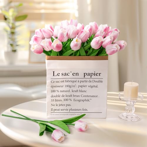 U'Artlines 30Pcs Fake Tulips Artificial Flowers with Stems Faux Tulips Bouquet Real Touch Flower for Wedding Home Kitchen Spring Easter Mother's Day Floral Arrangement Decor (Light Pink) - color: Light Pink