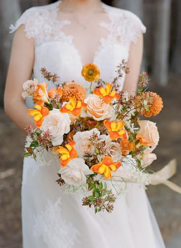 6 PCS Iris Flowers Artificial Real Touch Orange Flowers 18.9 in Long Stems Artificial Iris for Wedding Bridal Home Kitchen Party Decoration (Orange) - color: Orange