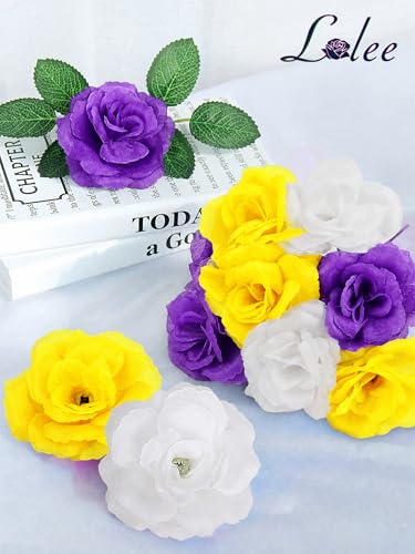 LELEE 108pcs Roses Head Flowers with Stem, Yellow Purple White Artificial Flowers Rose Bulk, Silk Rose Fake Flower for Memorial Day Wedding Bouquet DIY Baby Shower Centerpieces Outdoor Grave Decor - color: Yellow-purple-white