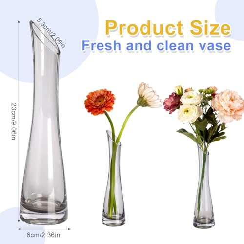 Hand-Made Blown Art Bud Glass Vase Transparet Gray Small Glass Vase Glass Flower Vase Heavy Base Single Stem Flower Drop Vase for Home Wedding Decor (Oblique Mouth-23cm)